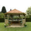 Forest Garden Furnished Cedar Roof Hexagonal Gazebo, (W)4900mm (D)4240mm (Green Cushion Included) -Gardens And Landscaping forest garden furnished cedar roof hexagonal gazebo w 4900mm d 4240mm green cushion included 5013053172612 01i